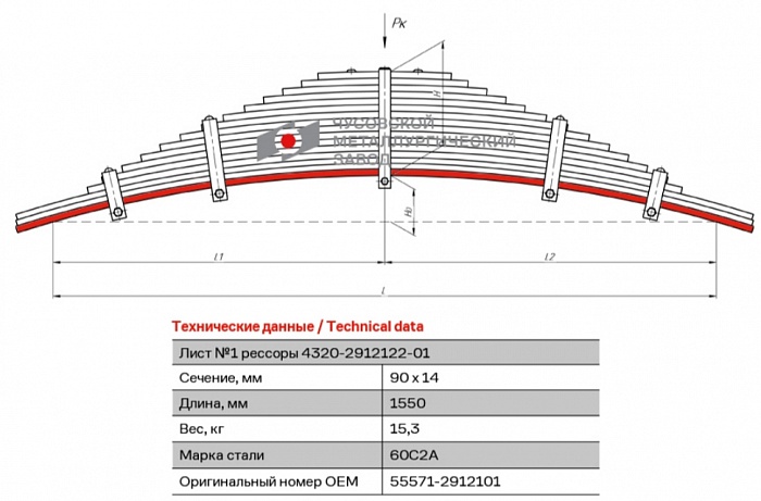 Лист коренной рессорный №1 Урал 4320-30, 55571-30, 555716-30, 555717-30 задний