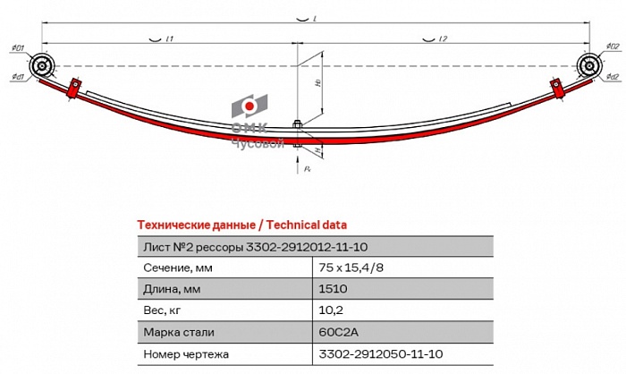 Задний подкоренной рессорный лист №2 Газ-3302 c хомутом для малолистовой рессоры 15.4/8мм