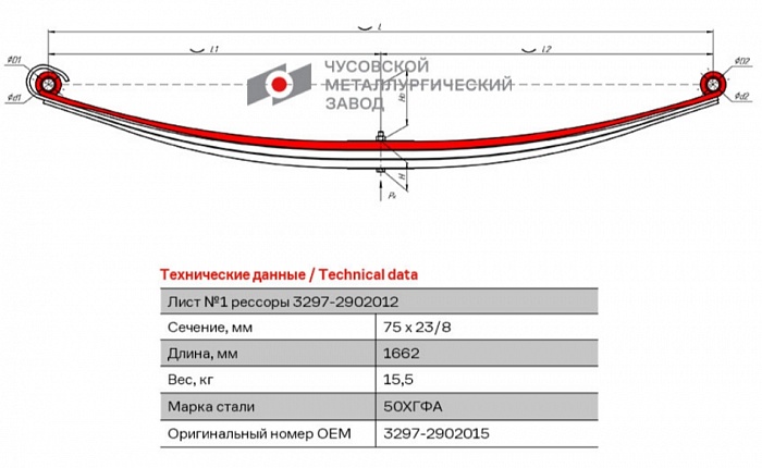 Коренной рессорный лист №1 для автомобилей производства ПАО "Камаз" 3297-2902015 для передней 3-листовой рессоры